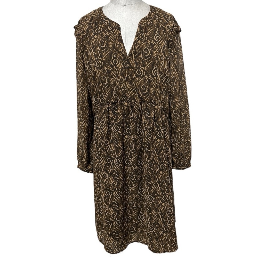 Beach Lunch Lounge Chiffon Lined Long Sleeve Brown & Tan Cinched Waist Dress XL